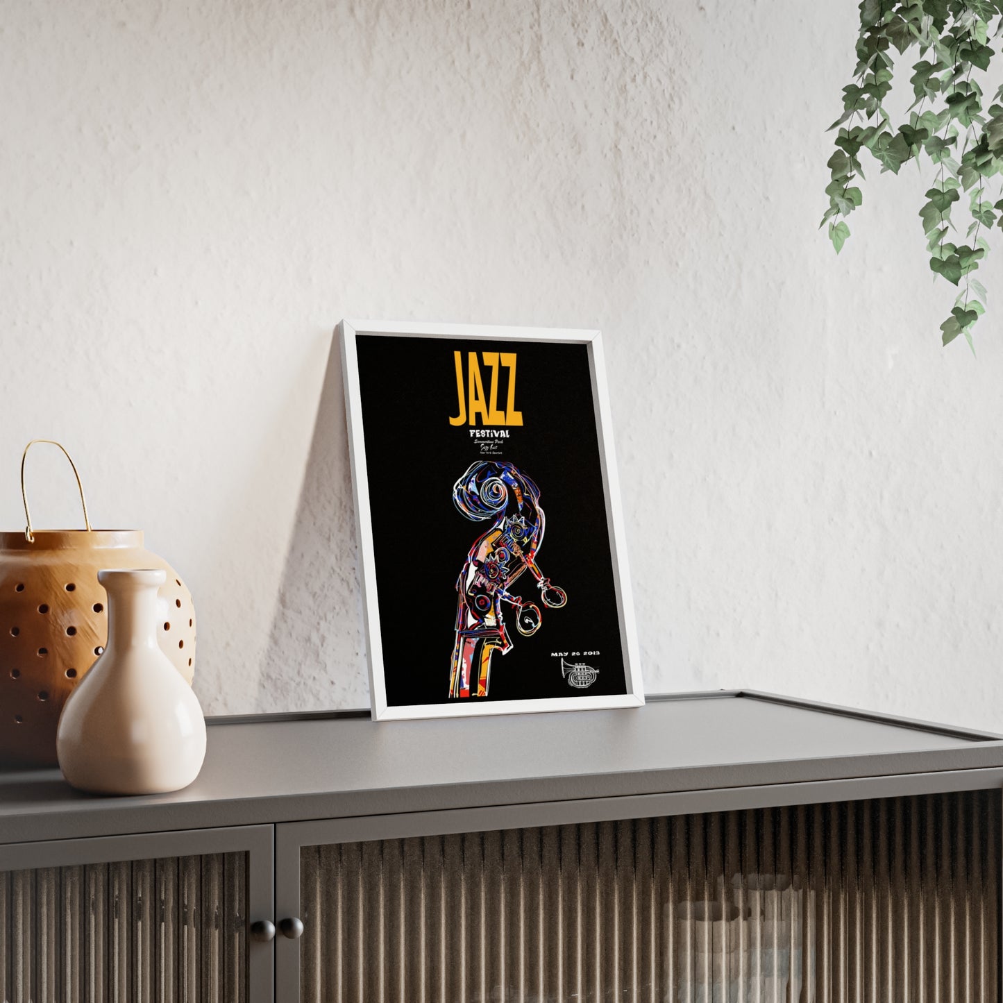 Jazz Festival Poster with Wooden Frame — Colorful Double Bass Art Print