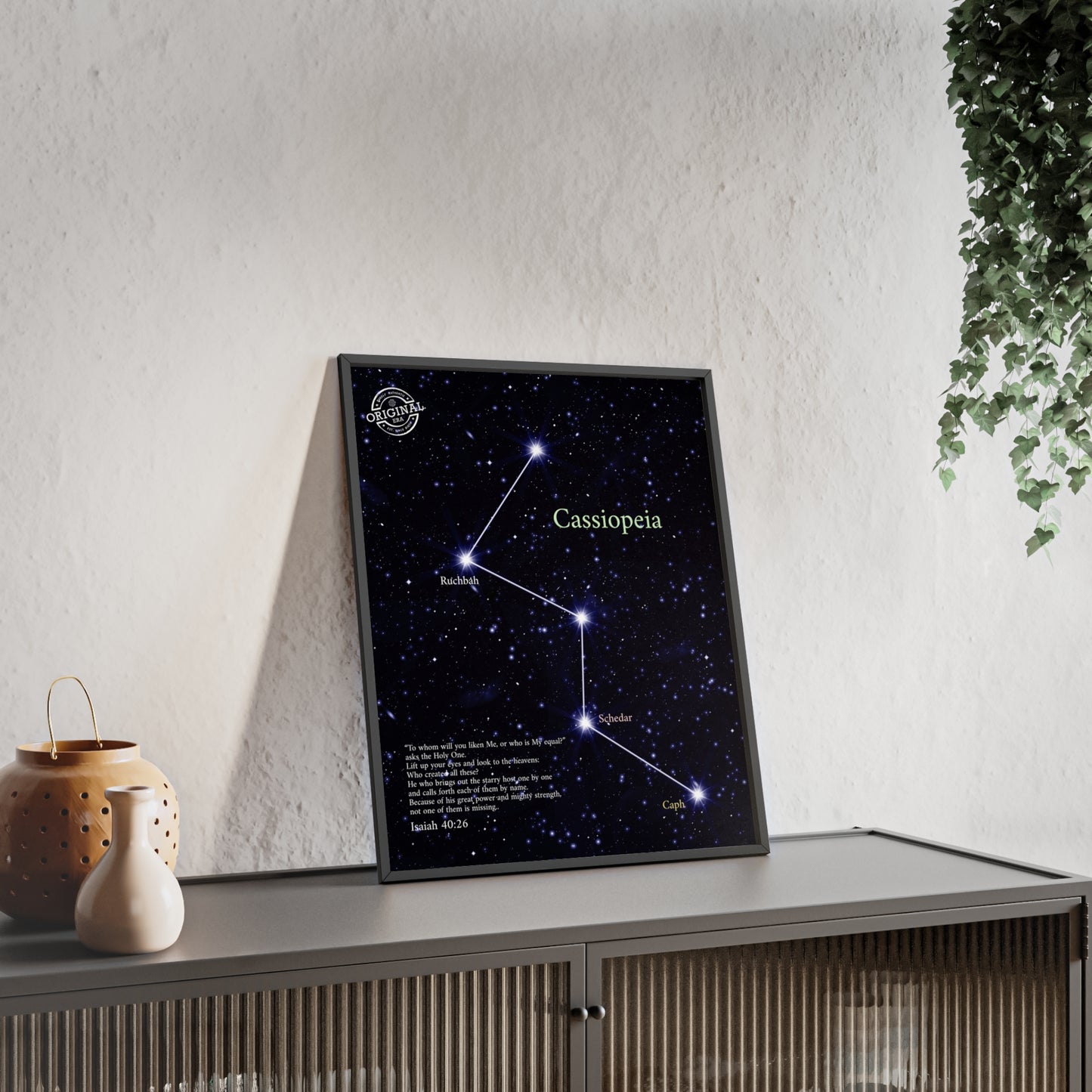 Cassiopeia Constellation Poster with Wooden Frame — Star Map Wall Art