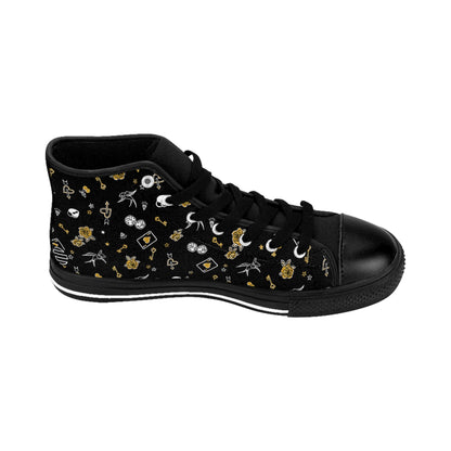 Women's Game Of Love Black Floral Pattern High-Top Sneakers — Gold & White