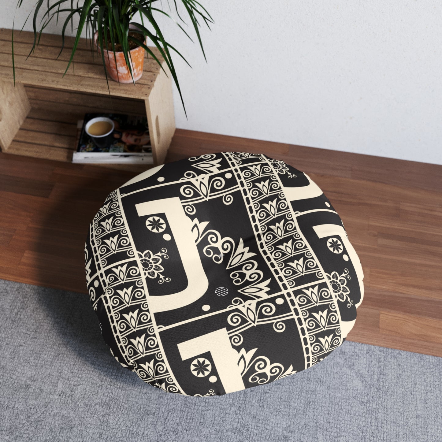 Round Tufted Floor Pillow — Black & Cream Geometric Jojo