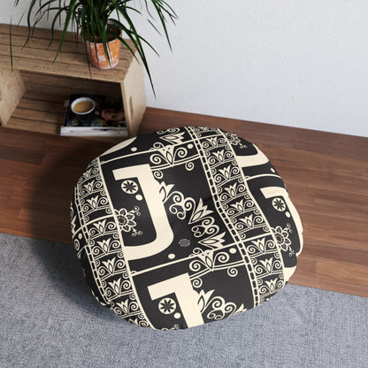 Round Tufted Floor Pillow — Black & Cream Geometric Jojo