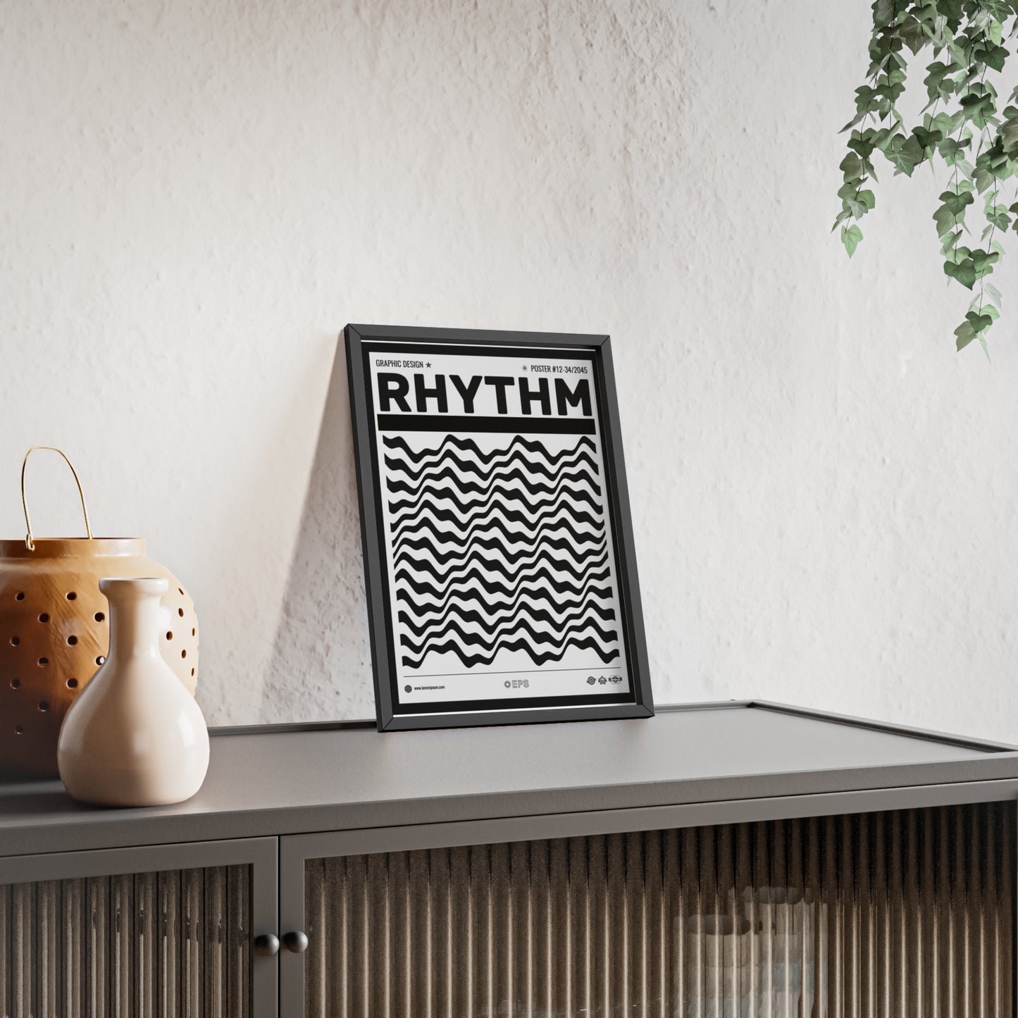 Rhythm Wave Art Poster with Wooden Frame — Black & White Modern Wall Print