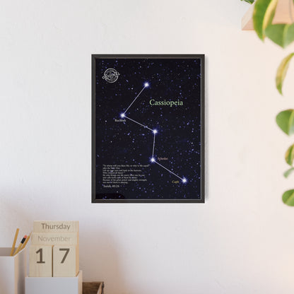 Cassiopeia Constellation Poster with Wooden Frame — Star Map Wall Art