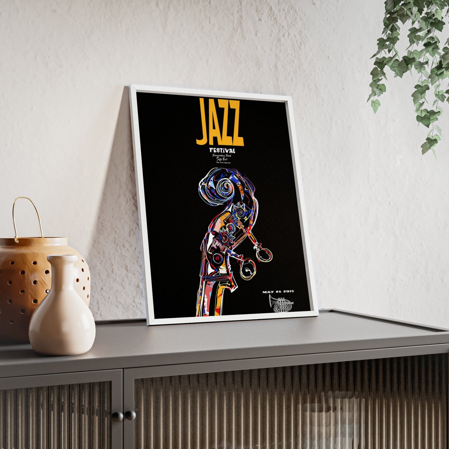 Jazz Festival Poster with Wooden Frame — Colorful Double Bass Art Print