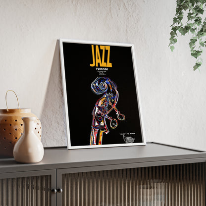 Jazz Festival Poster with Wooden Frame — Colorful Double Bass Art Print