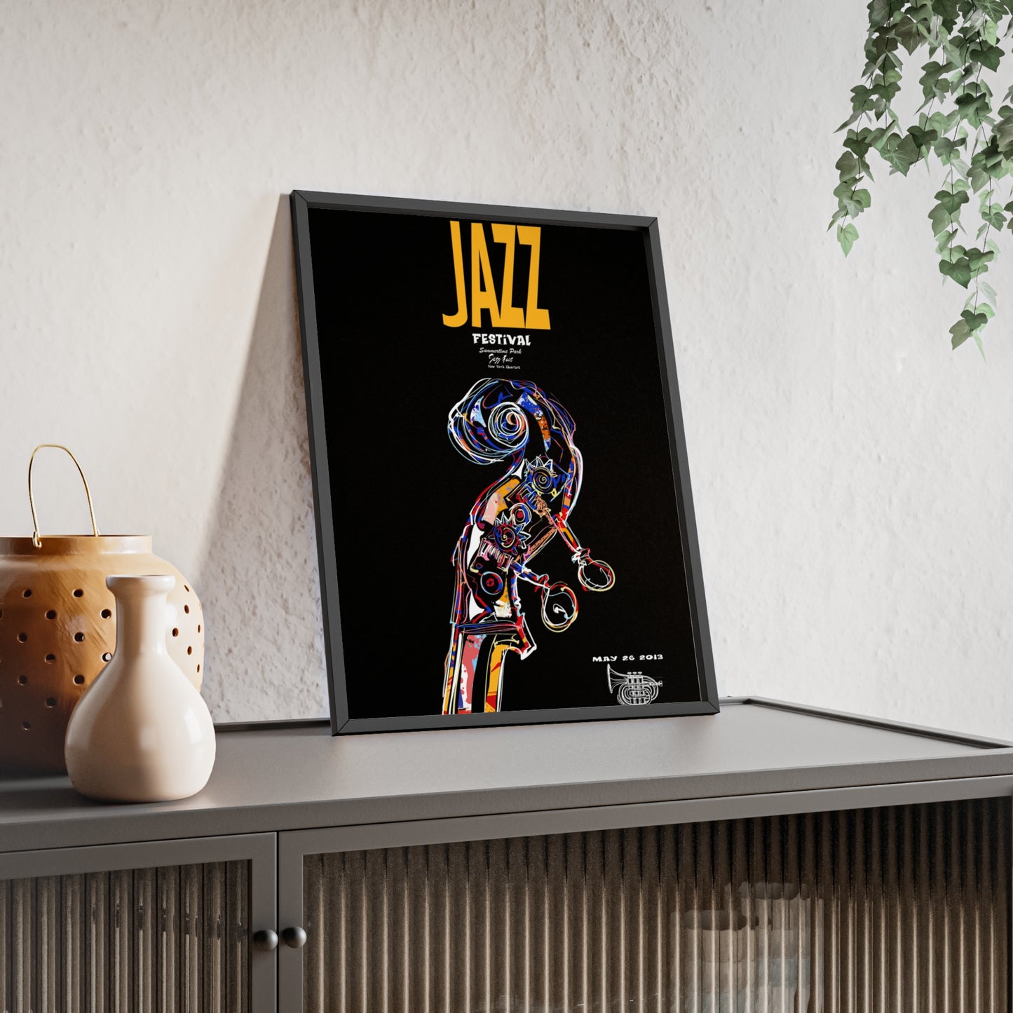 Jazz Festival Poster with Wooden Frame — Colorful Double Bass Art Print