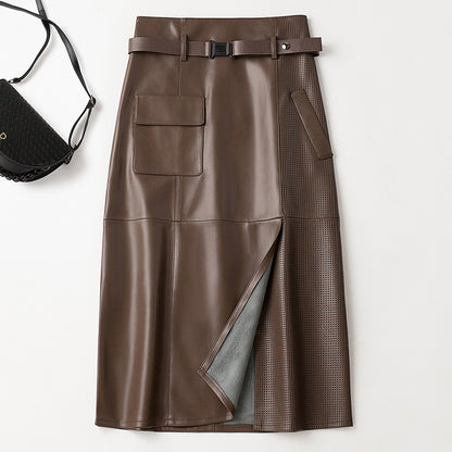 Women's PU Leather Mid-length High Waist Slimming Hip Skirt