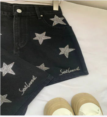 Women's Light Luxury Silver Black Rhinestone Shorts