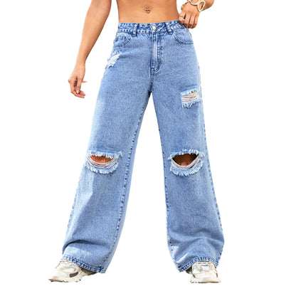 High Rise Distressed Denim Straight-Leg Jeans