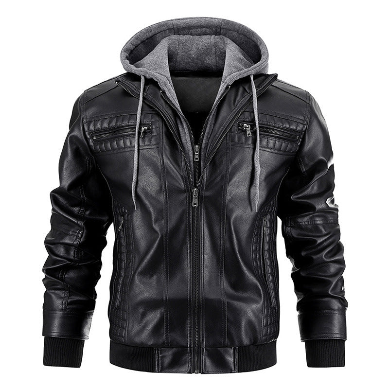 Men's PU Leather Hooded Jacket With Zipper Pockets
