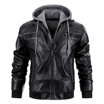 Men's PU Leather Hooded Jacket With Zipper Pockets