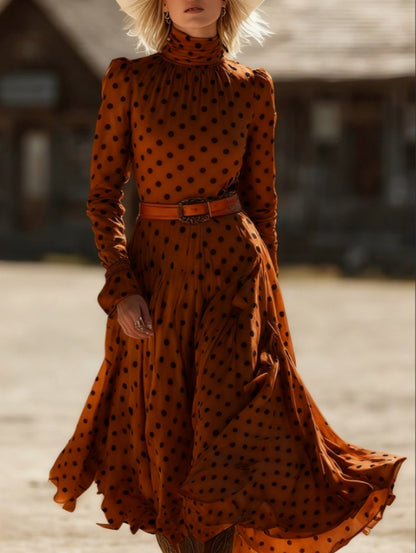 Polka Dot High-neck Long-sleeved Fitted Midi Dress