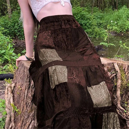 Boho Brown Pleated Maxi Skirt