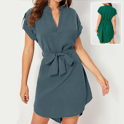 V-neck Short Sleeve Dress With Belt Summer