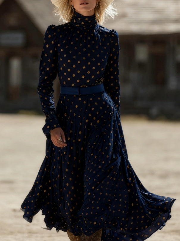 Polka Dot High-neck Long-sleeved Fitted Midi Dress