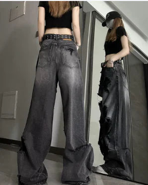 Dark Black Ripped Wide Leg Denim Jeans