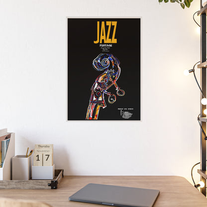 Jazz Festival Poster with Wooden Frame — Colorful Double Bass Art Print
