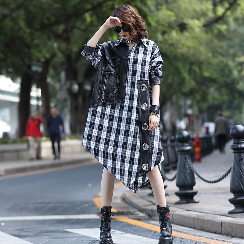 Loose Casual Denim Plaid Midi Dress