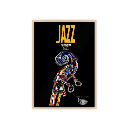 Jazz Festival Poster with Wooden Frame — Colorful Double Bass Art Print