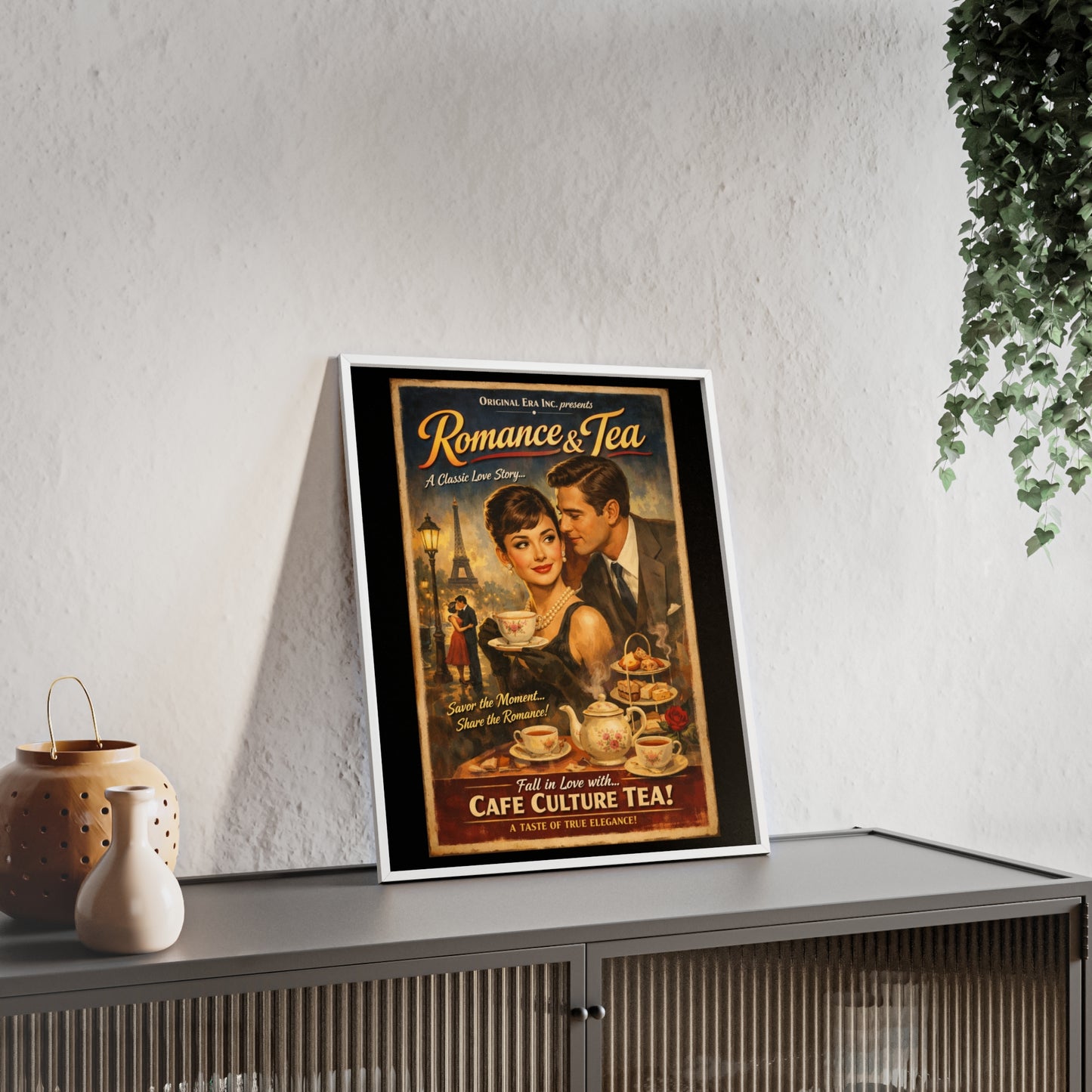 Romance & Tea Vintage Cafe Poster — Framed Wall Art