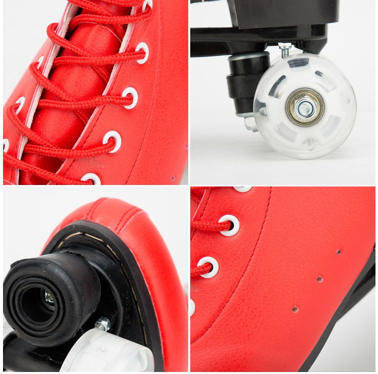 Big Red Cowhide Quad Skates With Flashing Wheels And Wear Resistant Boots