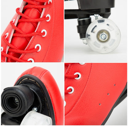Big Red Cowhide Quad Skates With Flashing Wheels And Wear Resistant Boots