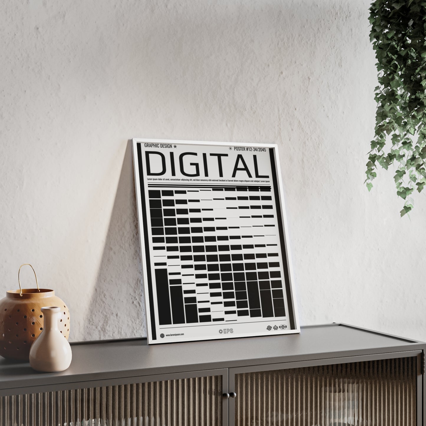 Digital Grid Poster with Wooden Frame — Modern Black & White Wall Art