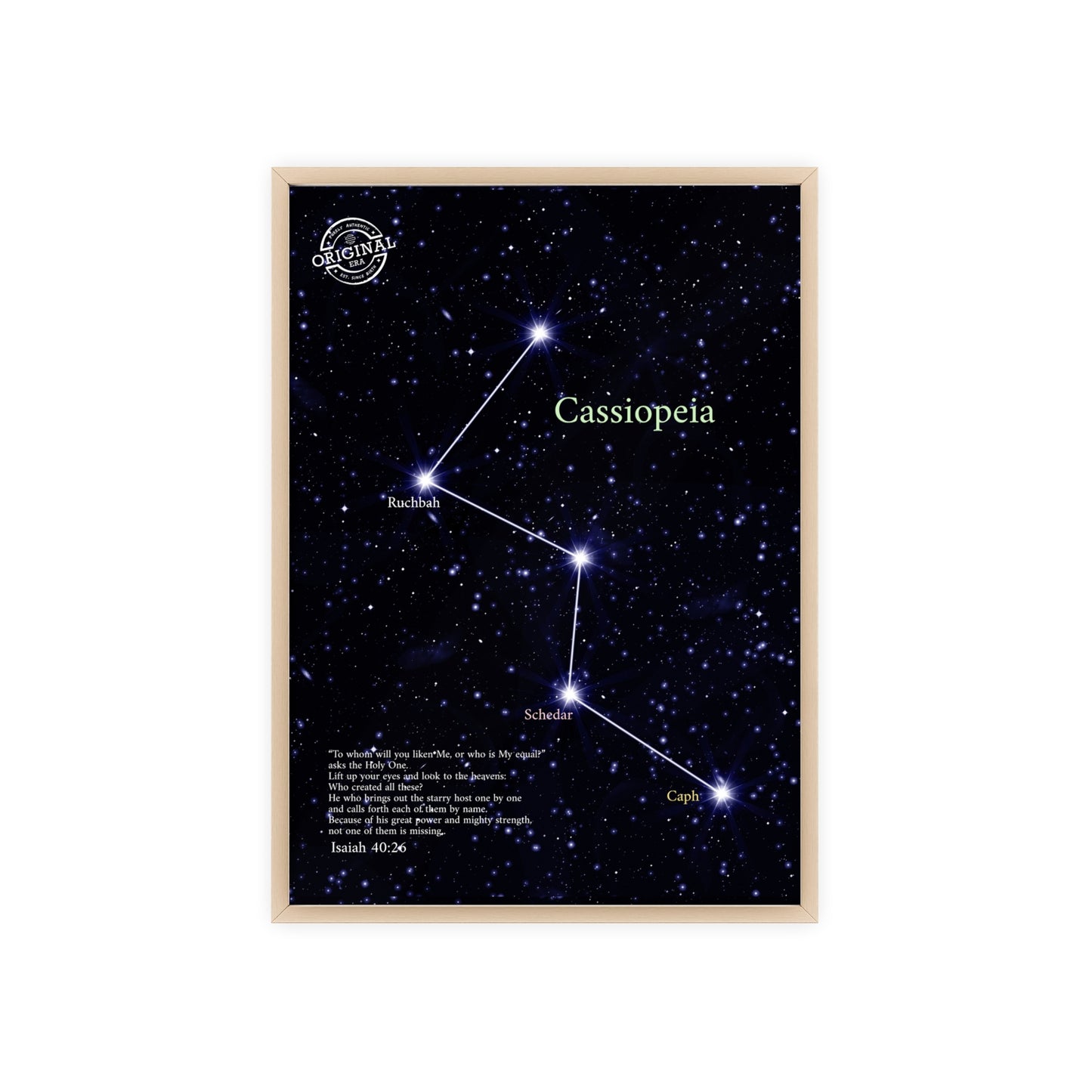 Cassiopeia Constellation Poster with Wooden Frame — Star Map Wall Art