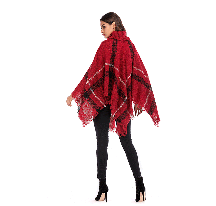 Plaid Fringe Cape Shawl and Knitted Sweater