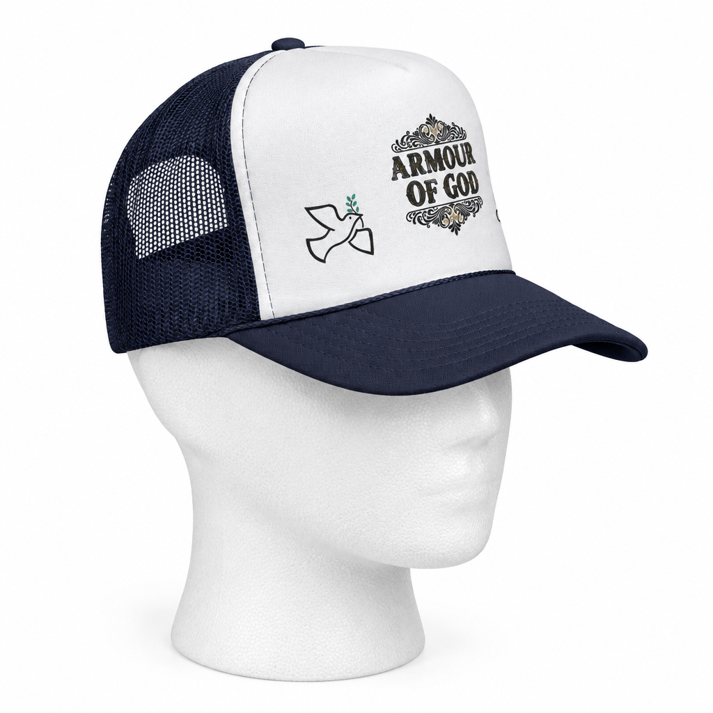Armor of God Trucker Hat — Christian Faith Baseball Cap with Dove & 'Original' Seal