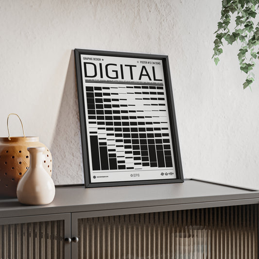 Digital Grid Poster with Wooden Frame — Modern Black & White Wall Art