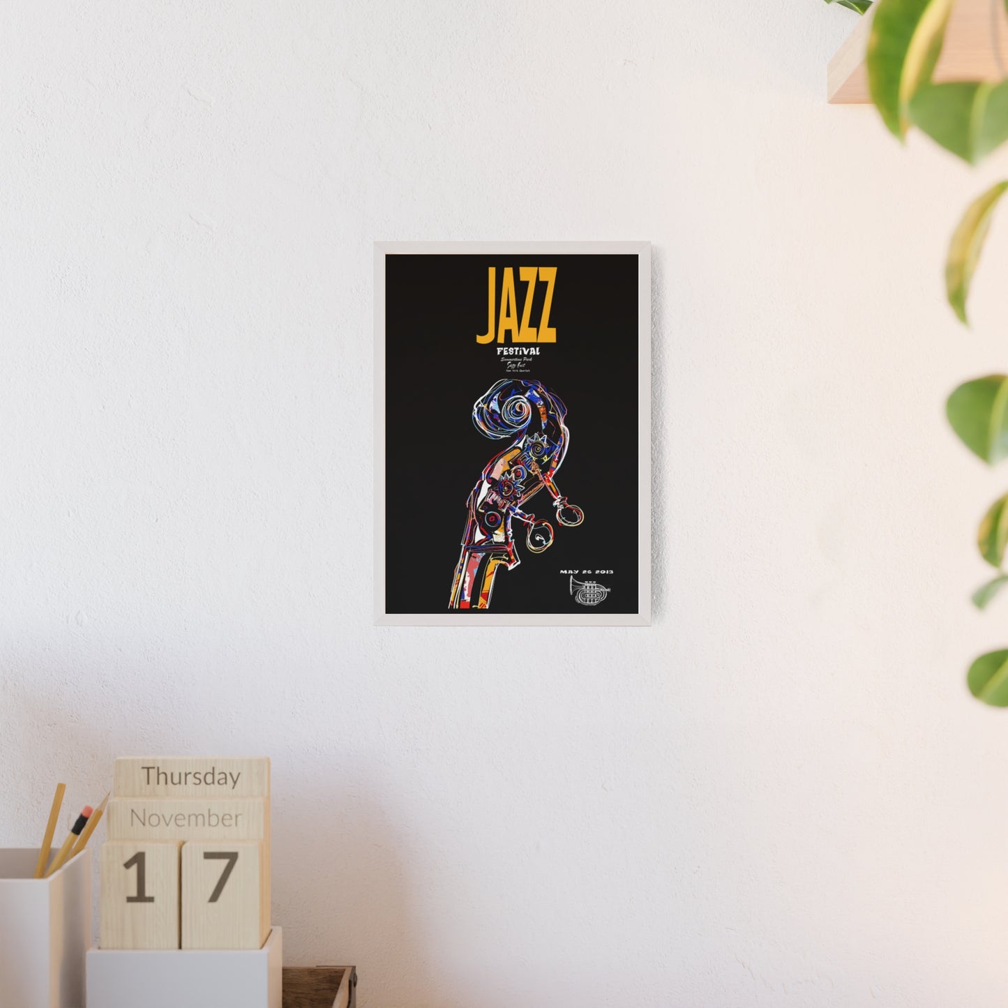 Jazz Festival Poster with Wooden Frame — Colorful Double Bass Art Print