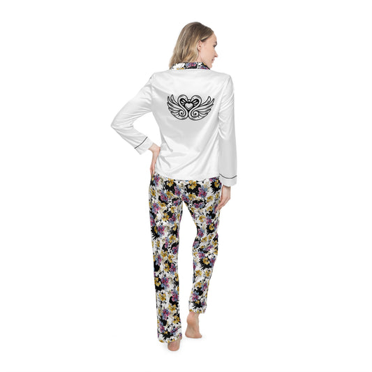 Floral Satin Pajama Set — White Button-Down Top with Purple Floral Print Pants