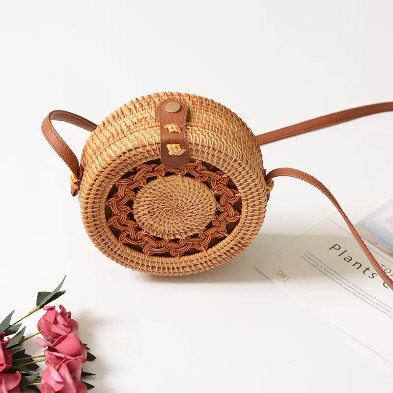 Handmade Rattan Hollow Star Bag with PU Leather Strap