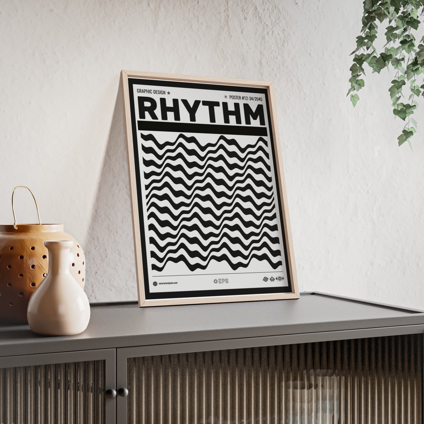 Rhythm Wave Art Poster with Wooden Frame — Black & White Modern Wall Print