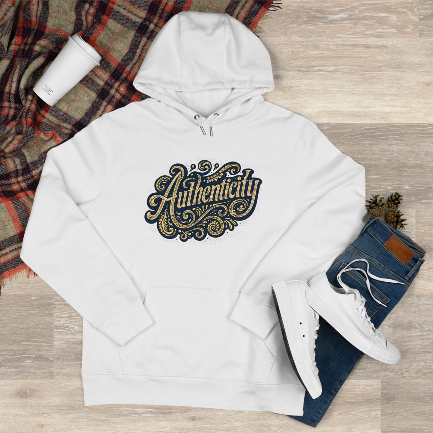 Authenticity Script Hoodie — 'Authenticity' Vintage Ornate Graphic Hooded Sweatshirt