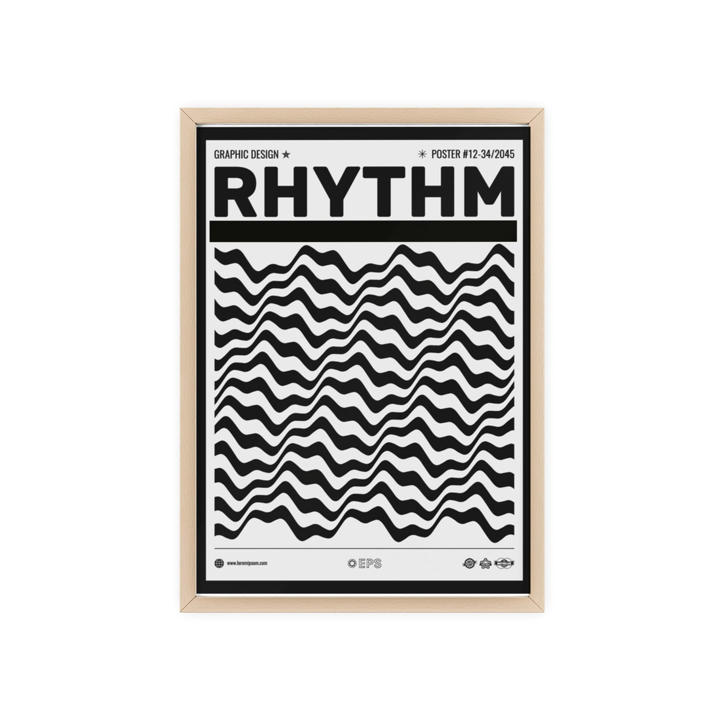 Rhythm Wave Art Poster with Wooden Frame — Black & White Modern Wall Print