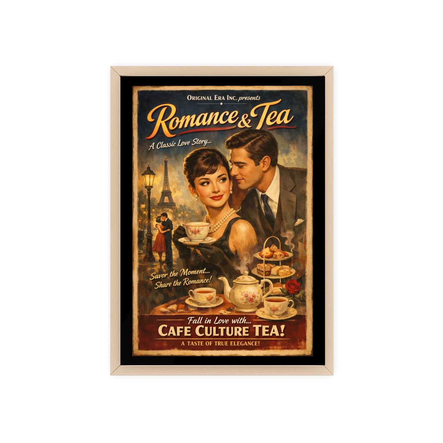 Romance & Tea Vintage Cafe Poster — Framed Wall Art