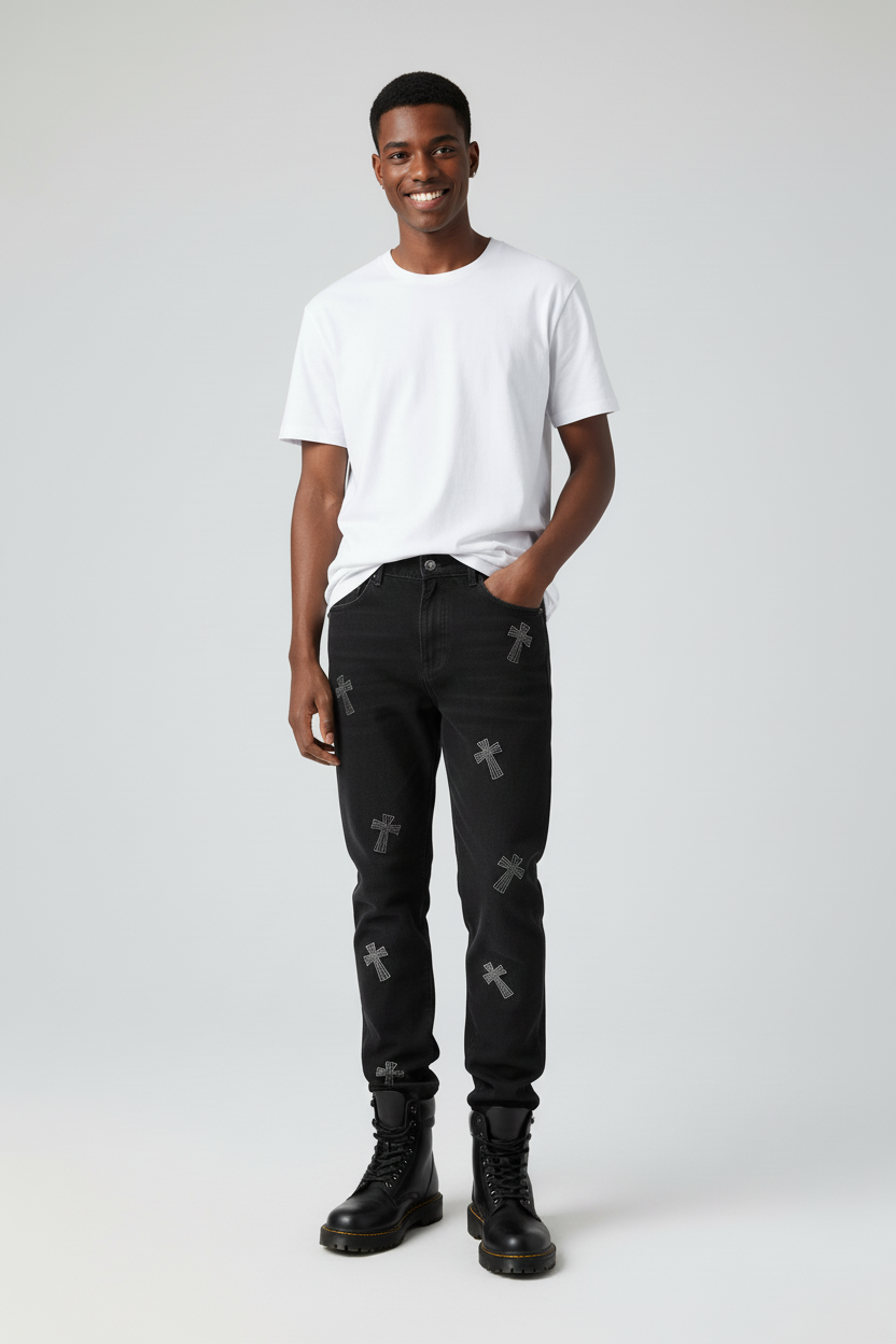 Retro Black Jeans with Cross Hot Rhinestones