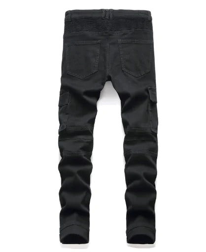 Men's Black Motorcycle Jeans with Folded Design