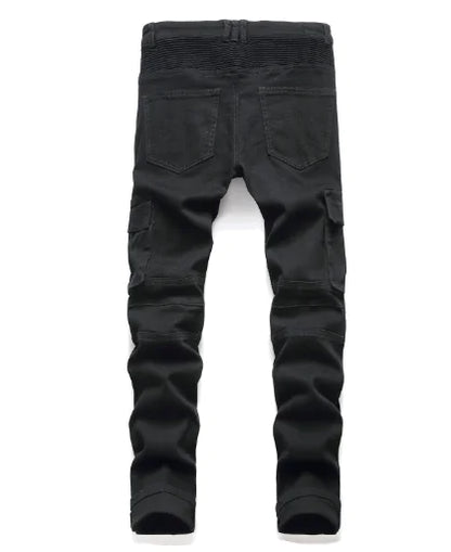 Men's Black Motorcycle Jeans with Folded Design