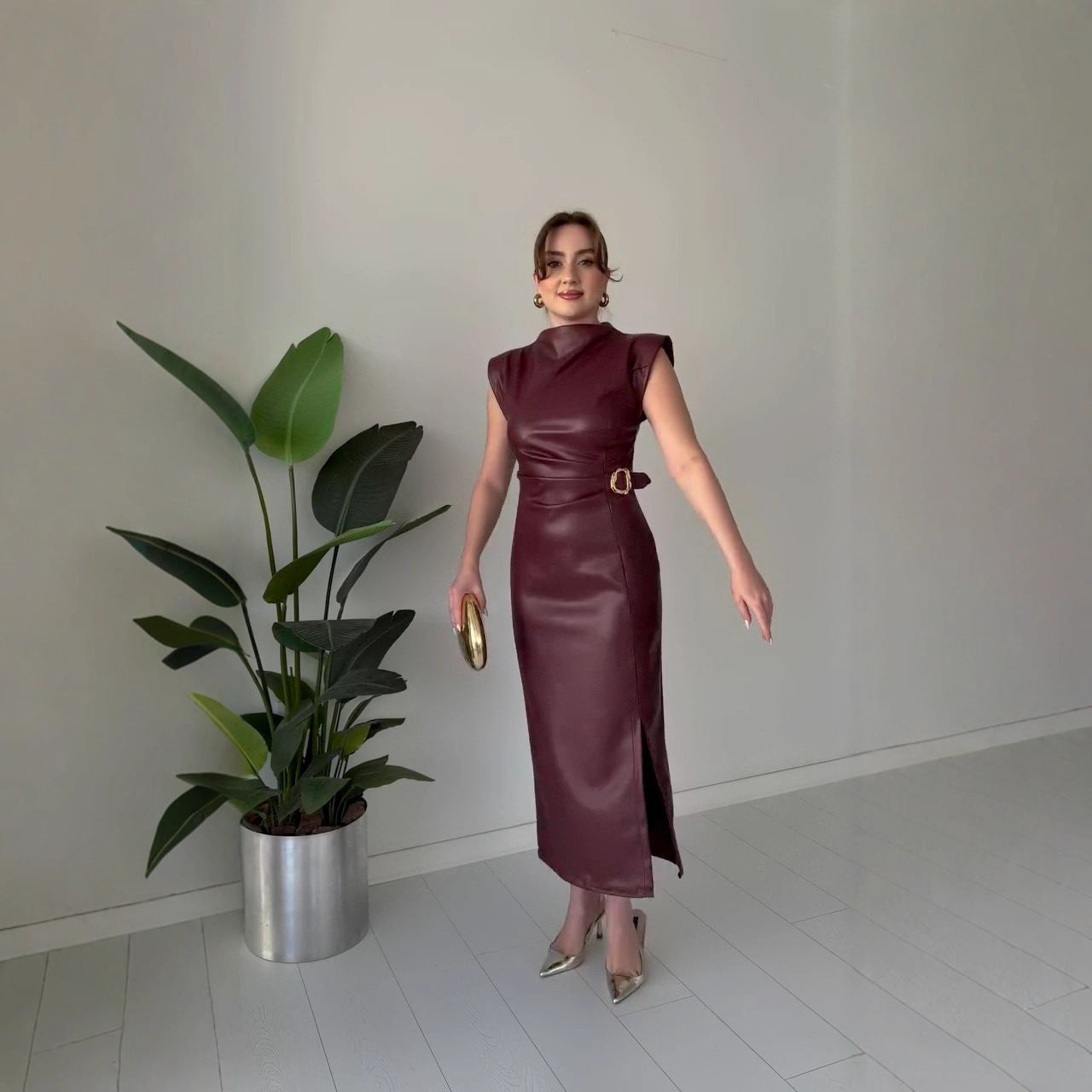 Waist-tight Round Neck Casual Dress - PU Leather