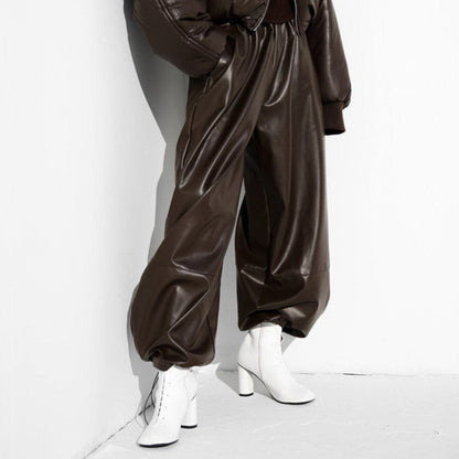 Women's Drawstring Ankle-tied Bloomers Loose PU Leather Pants