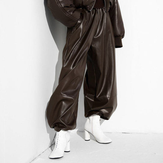 Women's Drawstring Ankle-tied Bloomers Loose PU Leather Pants