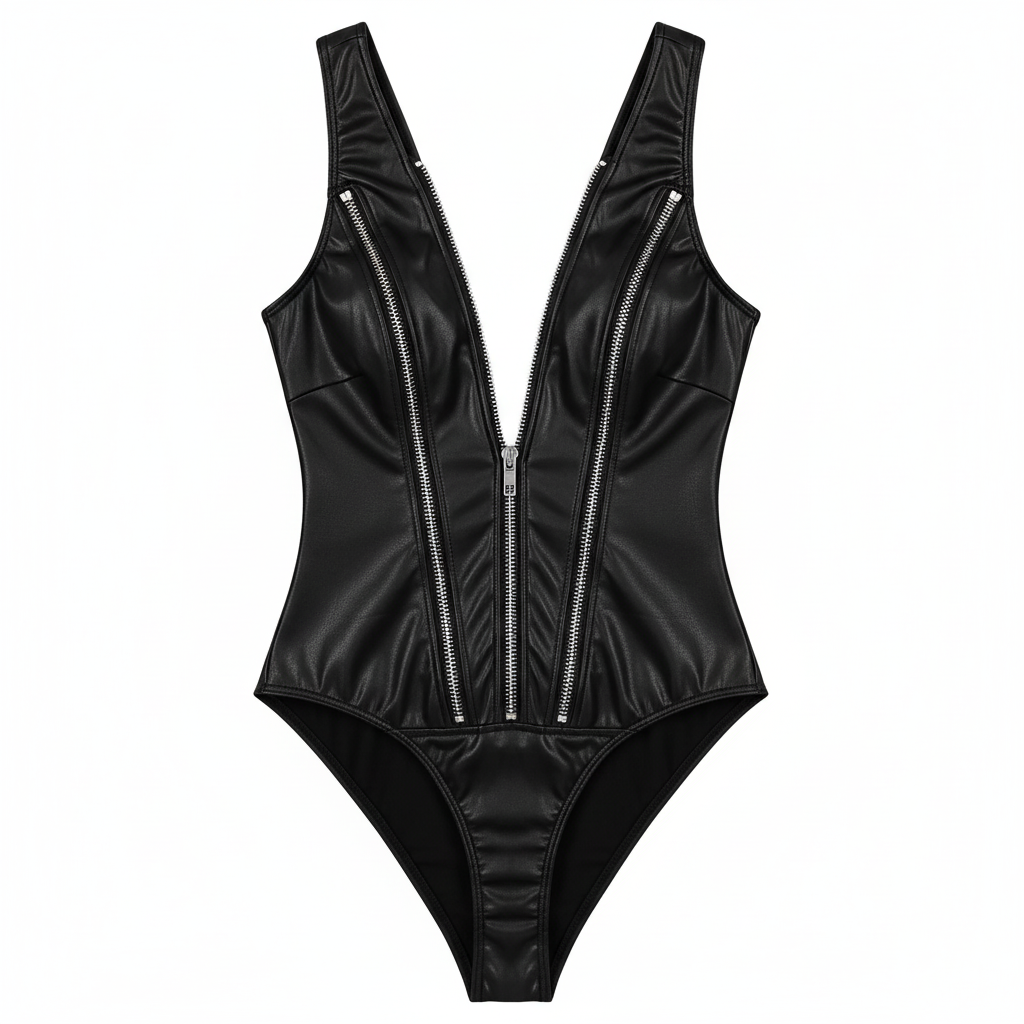 Black Patent Leather Biker Bodysuit