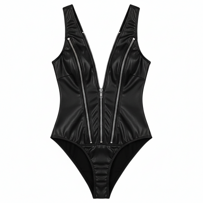 Black Patent Leather Biker Bodysuit