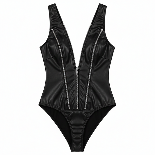 Black Patent Leather Biker Bodysuit