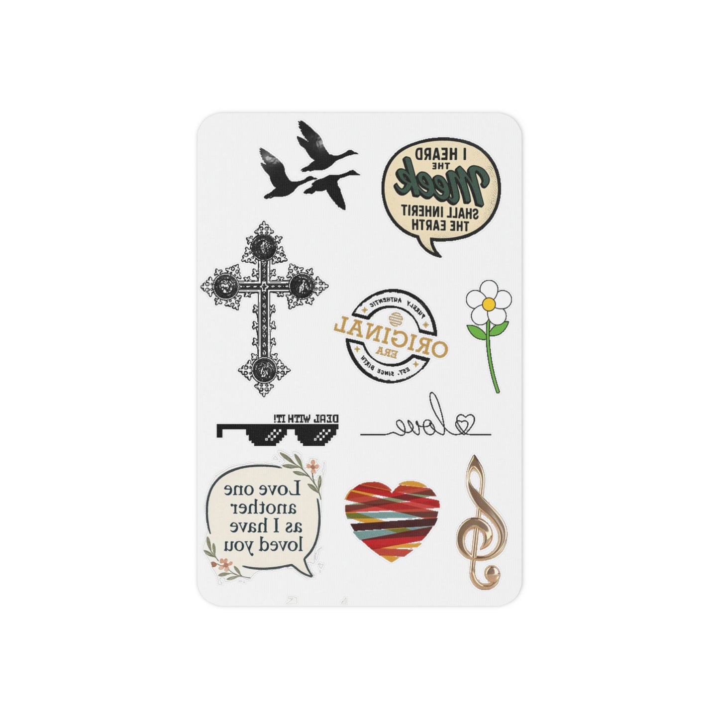 Temporary Tattoo Sheet — Inspirational Symbols: Cross, Heart, Treble Clef & Love Phrase