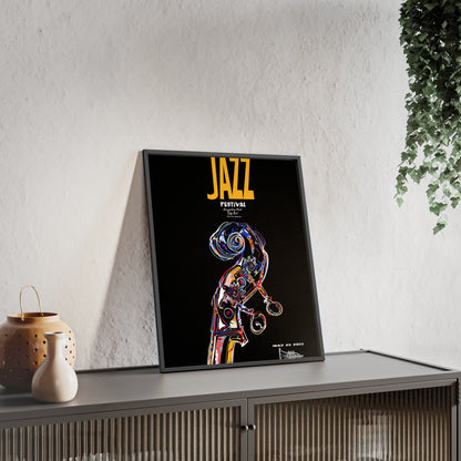 Jazz Festival Poster with Wooden Frame — Colorful Double Bass Art Print