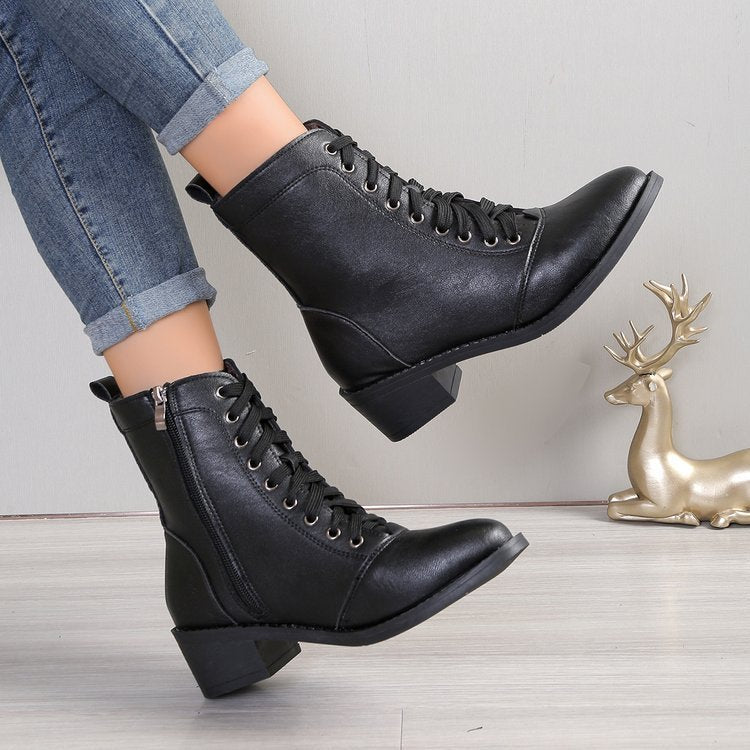 Women's British Style Casual High-top Zipper Leather Boots